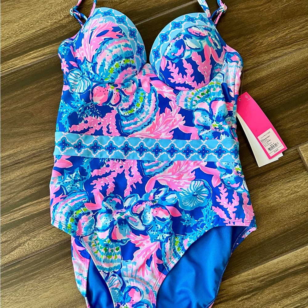 Lilly Pulitzer Blue and Pink One Piece Swimsuit Vibrant Design